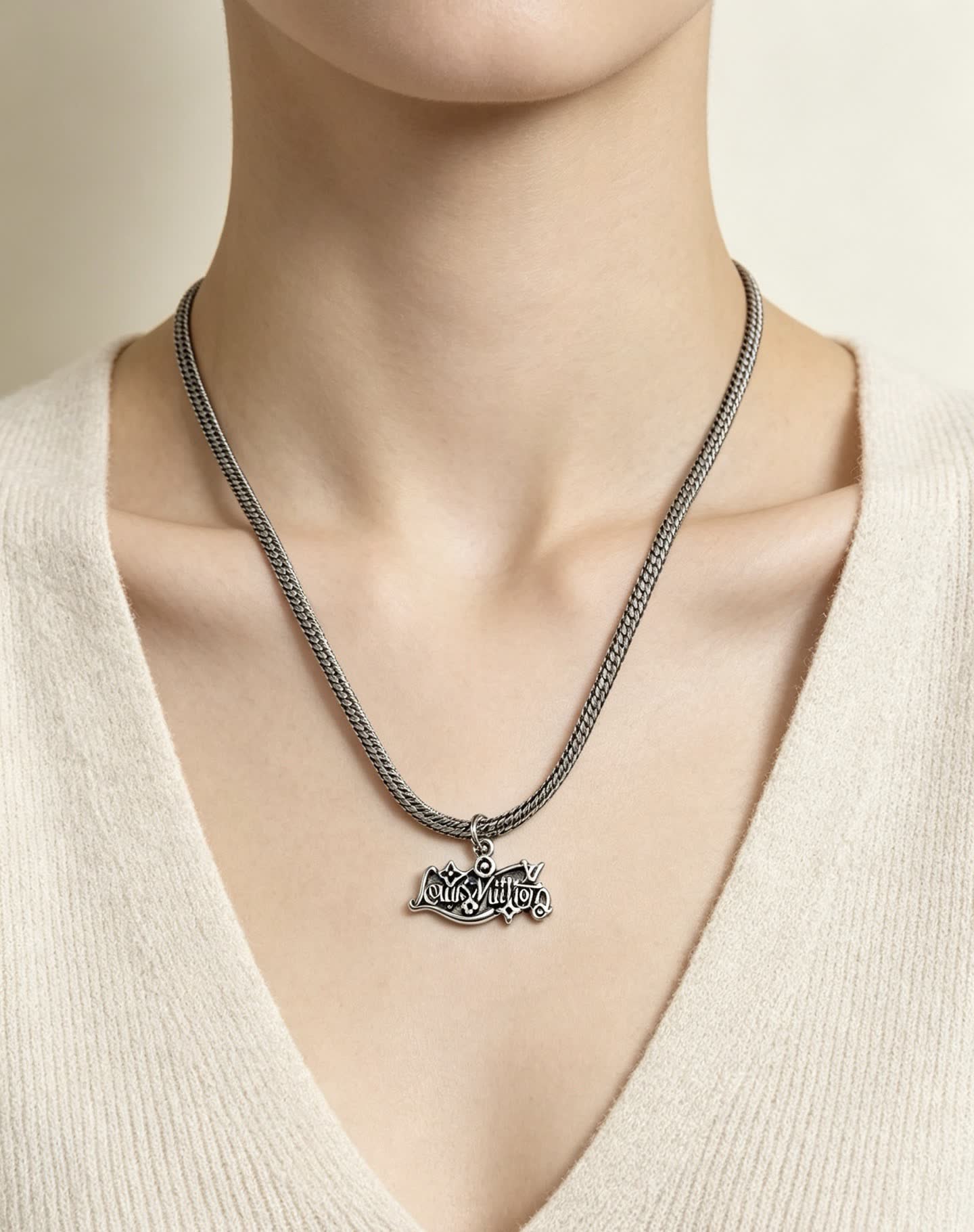 Louis Vuitton Silver Chain with Logo Pendant